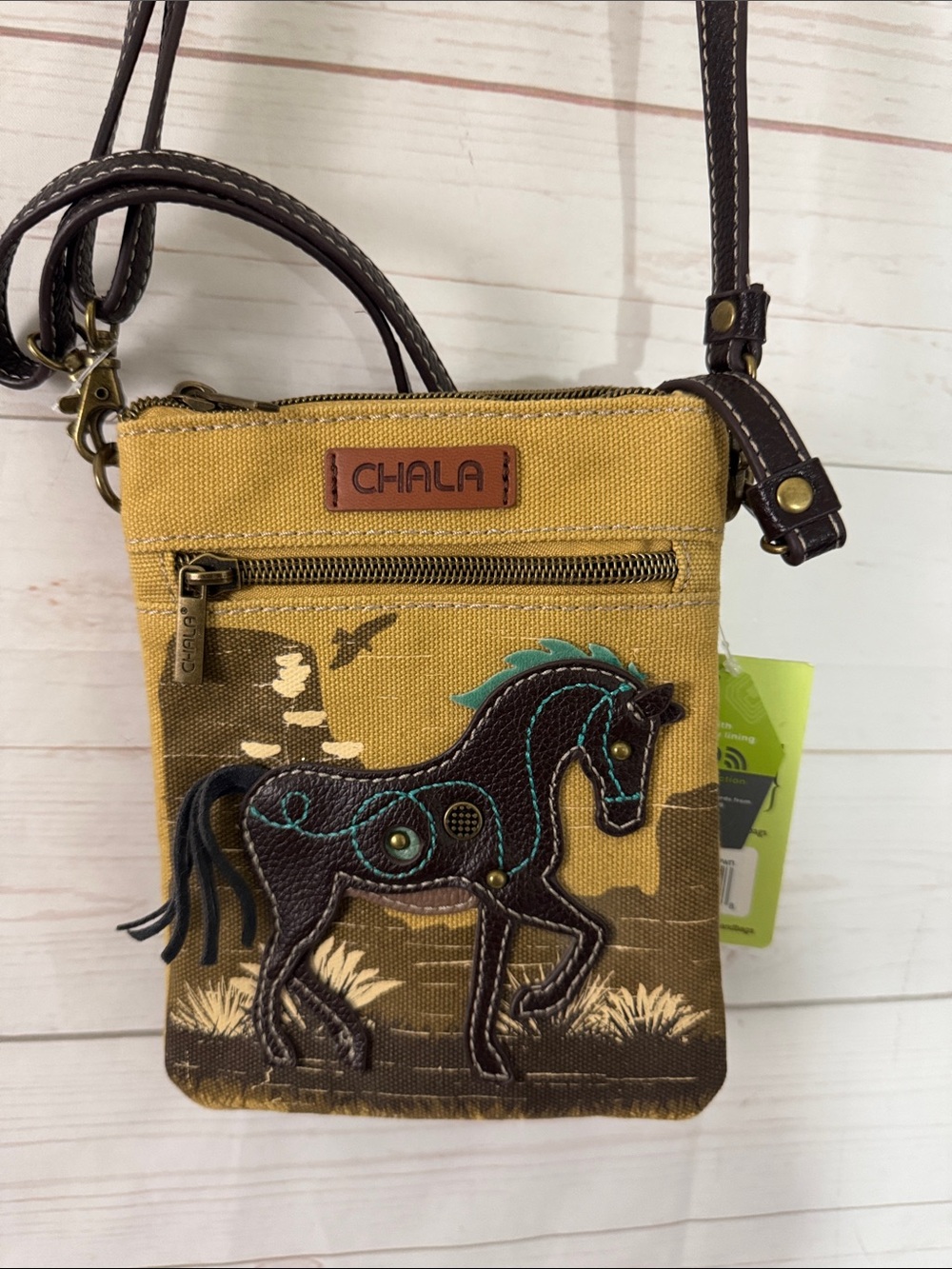 Chala Mustard Canvas Crossbody with Brown Horse Appliqué and Teal Accents
